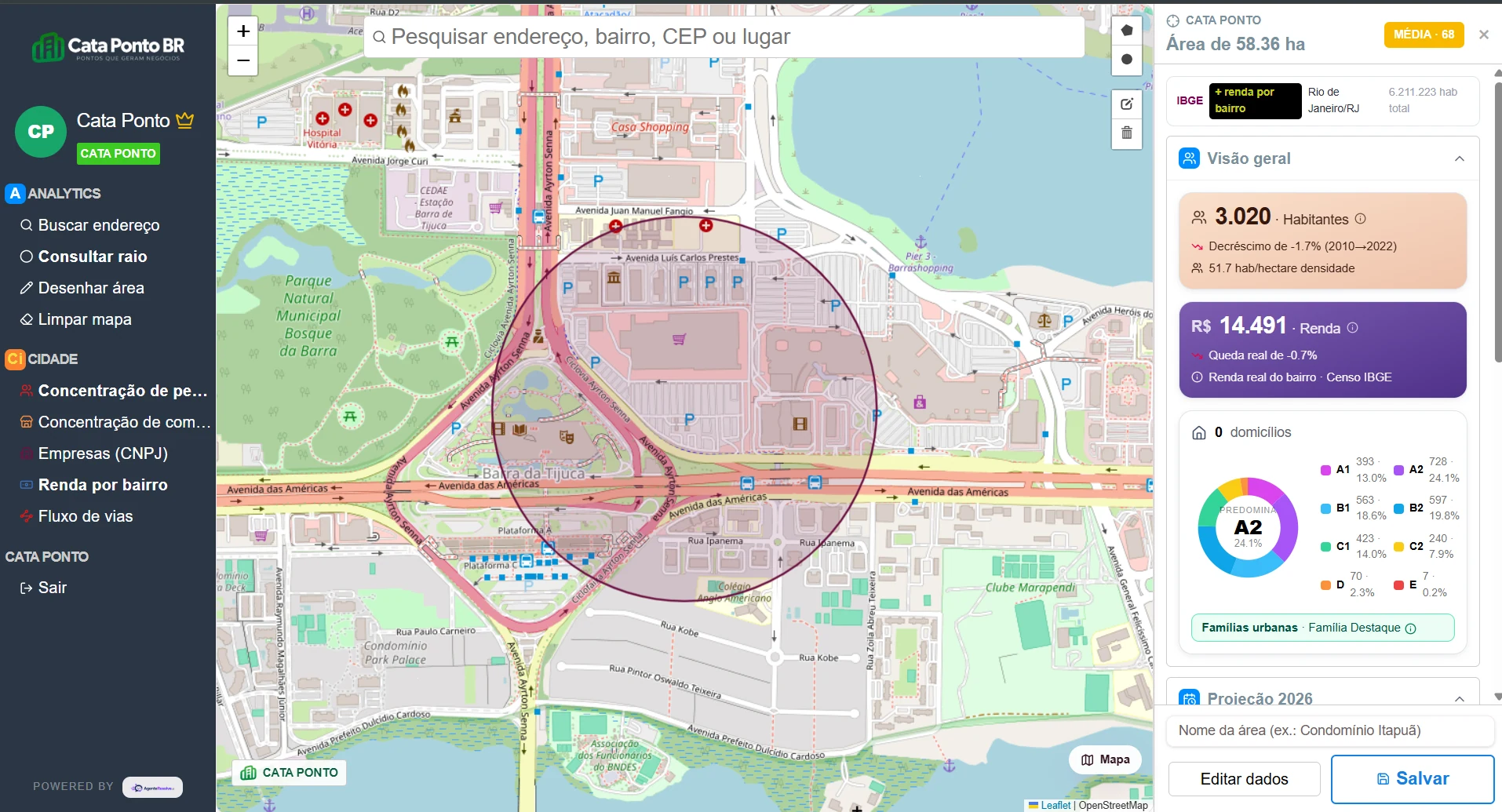 Cata Ponto Hunter: análise de renda, habitantes e classes sociais de uma área no mapa